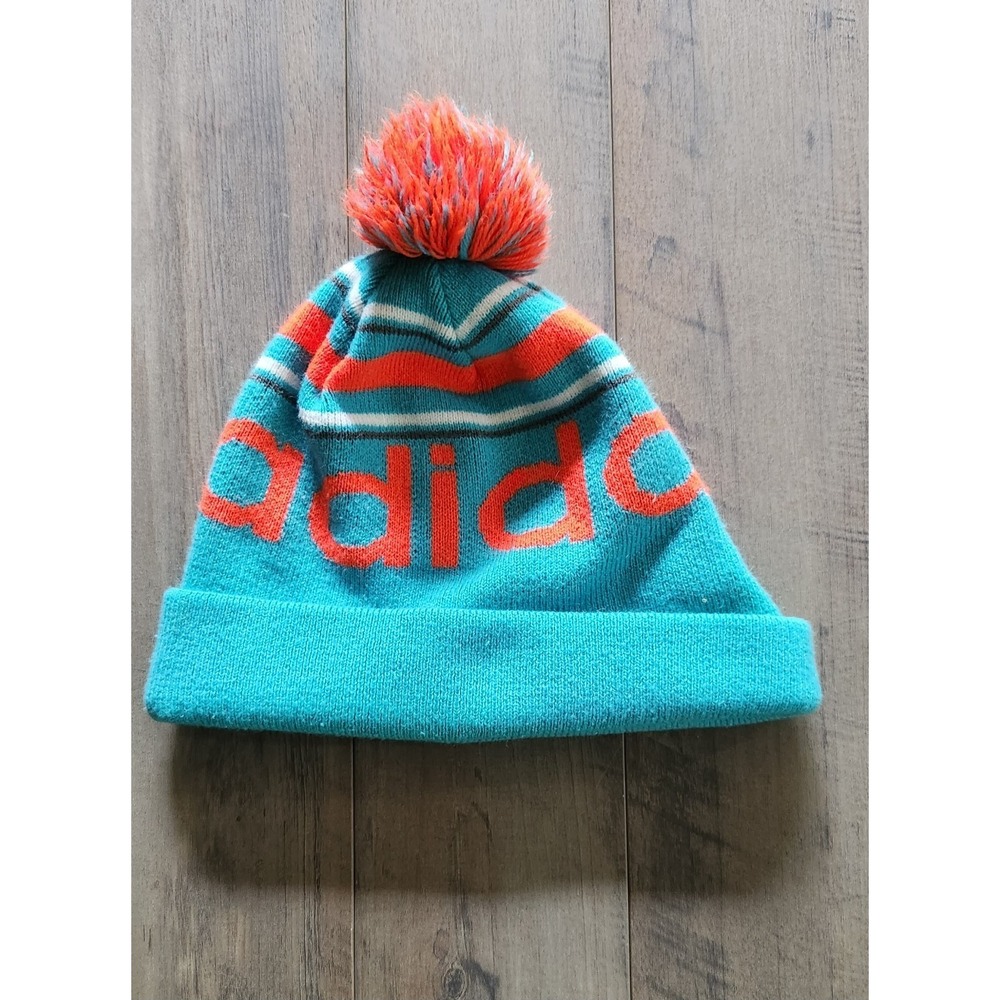Adidas Turquoise Blue & Orange Beanie Hat Tobogan With Pom Pom